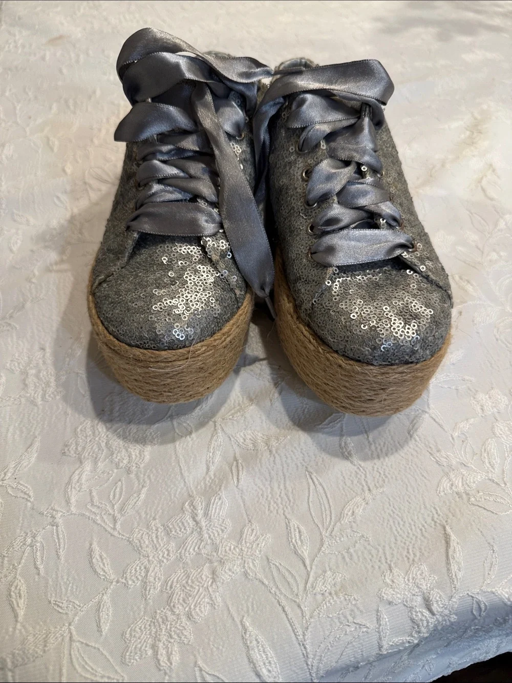 Sequin Gray Platform Espadrille Sneakers with Satin Ribbon Laces
